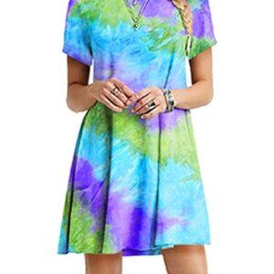 Womens Blue Boho T-Shirt Top Skater Skirt Tie Dye No Pockets Dress Plus 18
